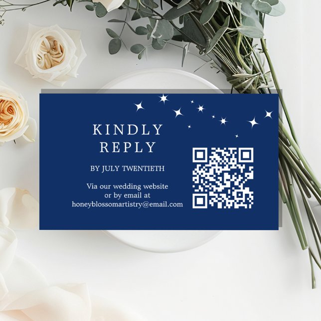 Carte D'accompagnement Celestial Elegant Wedding Navy Blue QR Code RSVP (Créateur téléchargé)