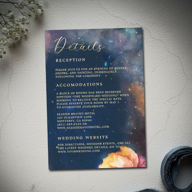 Carte D'accompagnement Celestial Floral Galaxy Navy Blue Wedding Details (celestial floral galaxy wedding details watercolor navy blue peach pink blush elegant romantic)