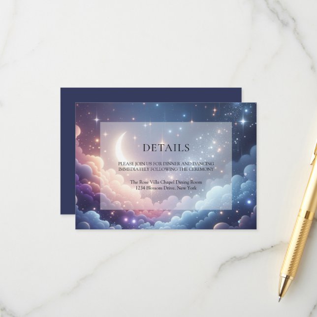 Carte D'accompagnement Celestial Moon Stars Blue Détails du Mariage (Devant/Arrière en situation)