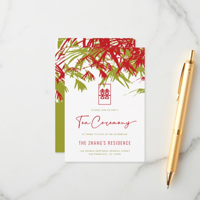 Carte D'accompagnement Cérémonie de thé chinois Feuille en bambou rouge/v (Devant/Arrière en situation)