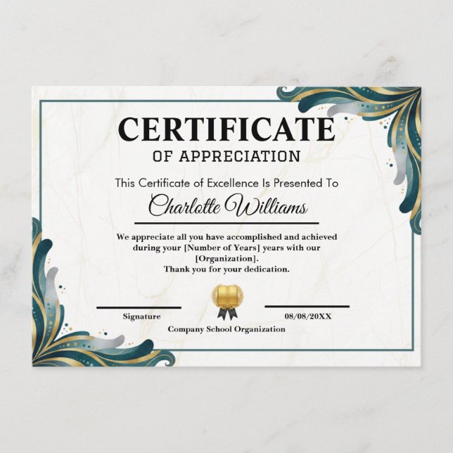 Carte D'accompagnement Certificate of Appreciation Editable Award Templat (Devant)
