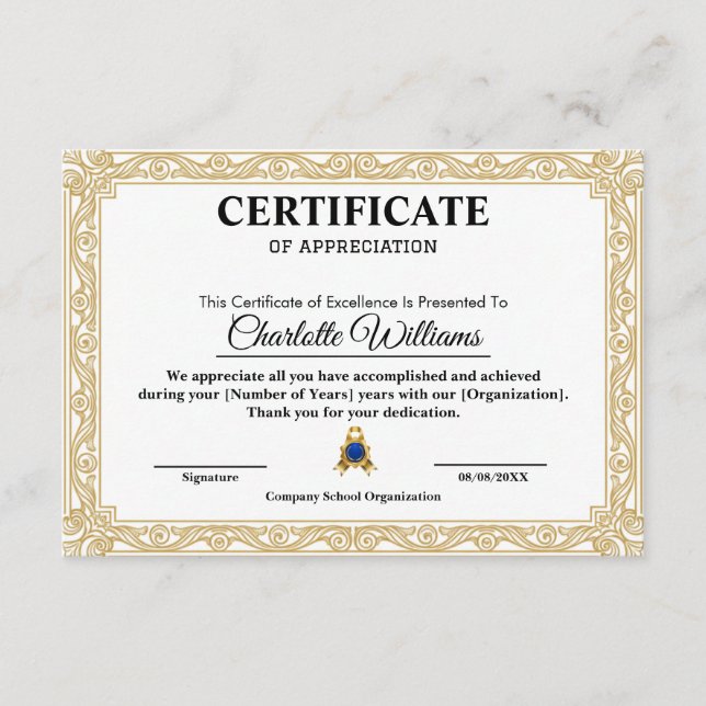 Carte D'accompagnement Certificate of Appreciation Gold Elegant Template (Devant)
