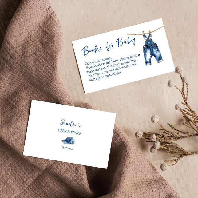 Carte D'accompagnement C'est un baby shower pour jeans bleu garçon pour b (It's a boy baby blue jeans denim baby shower books for baby card minimalist watercolor books request)