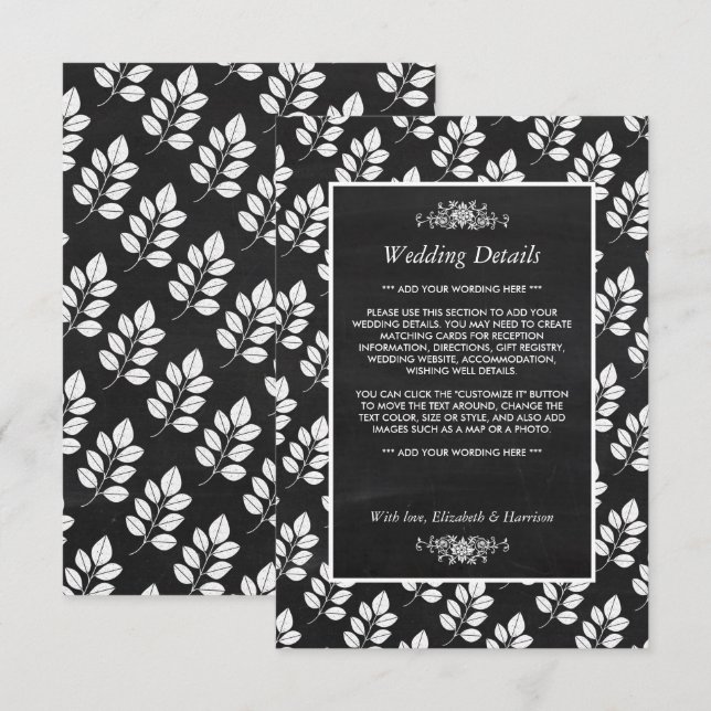 Carte D'accompagnement Chalkboard Floral Leaf Mariage Détail (Devant / Derrière)