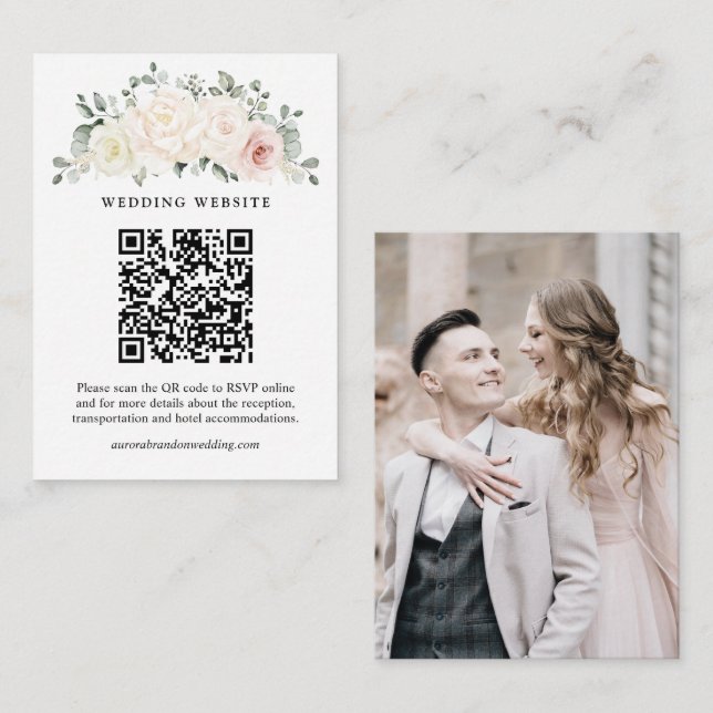 Carte D'accompagnement Champagne Ivory Blush rose Floral QR Code RSVP (Devant / Derrière)