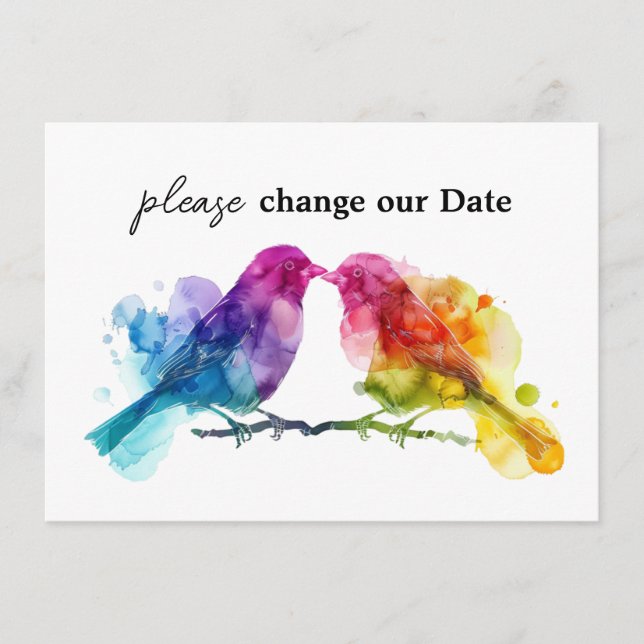 Carte D'accompagnement Changer notre date LGBTQ+ Rainbow Lovebirds (Devant)