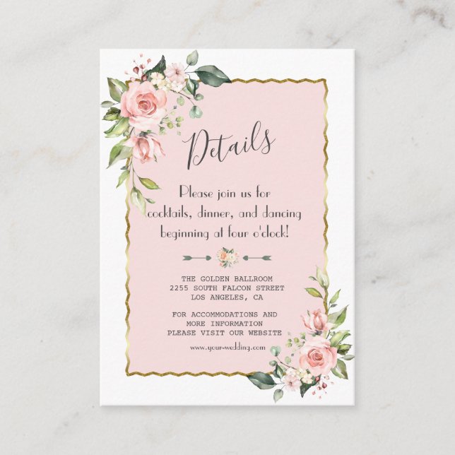 Carte D'accompagnement Charme Aquarelle Blush Floral Gold Détails du Mari (Devant)