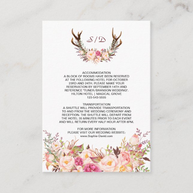 Carte D'accompagnement Charme Rose Blush Floral Antlers Détails du Mariag (Devant)
