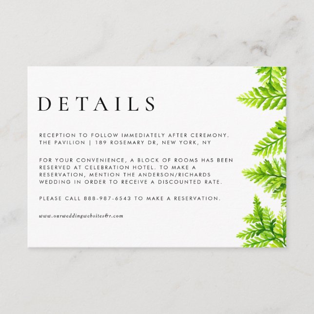 Carte D'accompagnement Chartreuse Green Fern Feuilles Détails Mariages (Devant)