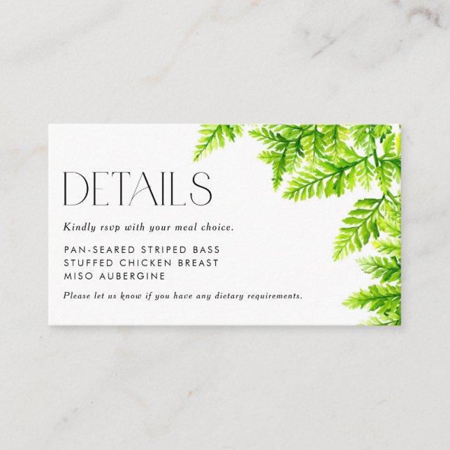 Carte D'accompagnement Chartreuse Green Fern Feuilles RSVP Détails (Devant)