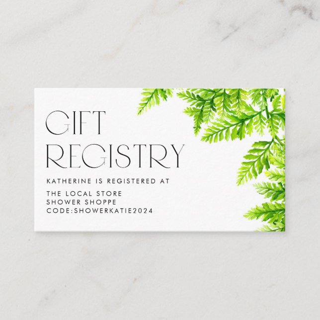 Carte D'accompagnement Chartreuse Green Fern Registre des Baby showers Fe (Devant)