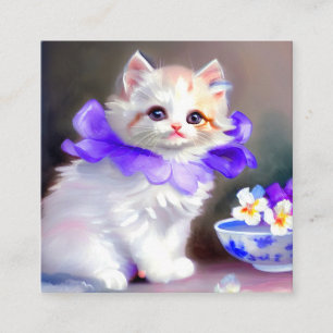 Carte D'accompagnement Chat blanc avec collier de fleurs violettes