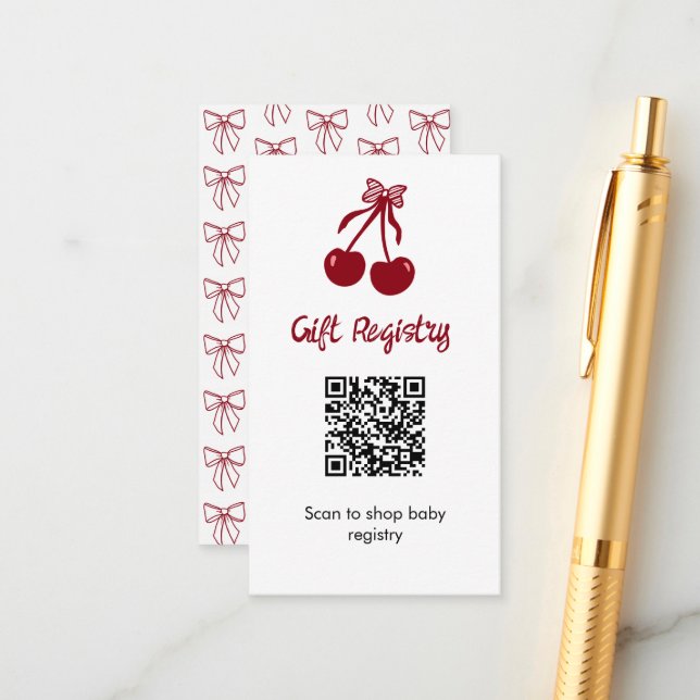 Carte D'accompagnement Cherry Baby Shower Gift Registry QR Code Sweet Bow (Devant/Arrière en situation)