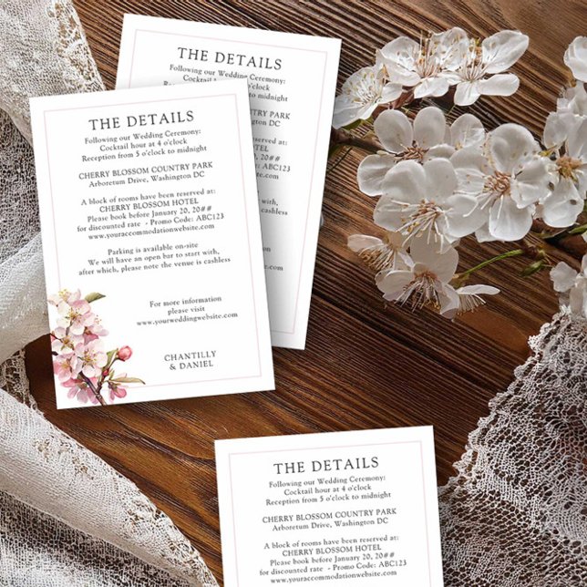 Carte D'accompagnement Cherry Blossom Mariage rose et blanc Détails (Wedding Details insert card from the Cherry Blossom Wedding Collection by Darling & May)