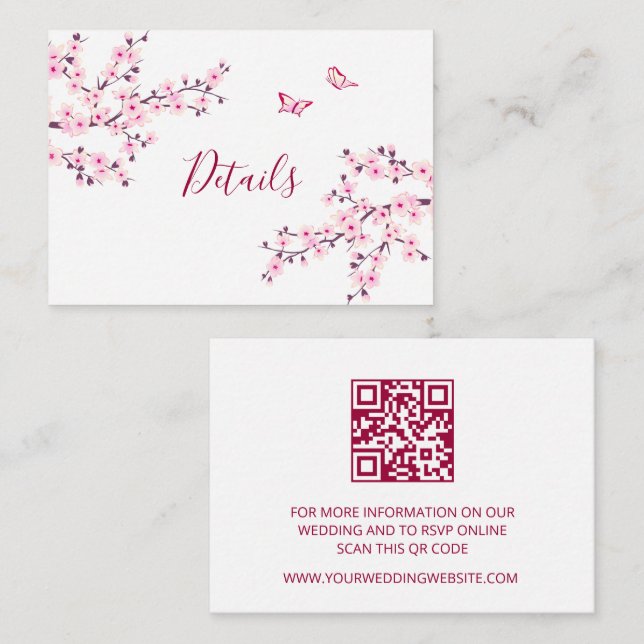 Carte D'accompagnement Cherry Blossom Pink White Wedding QR Code Details (Devant / Derrière)