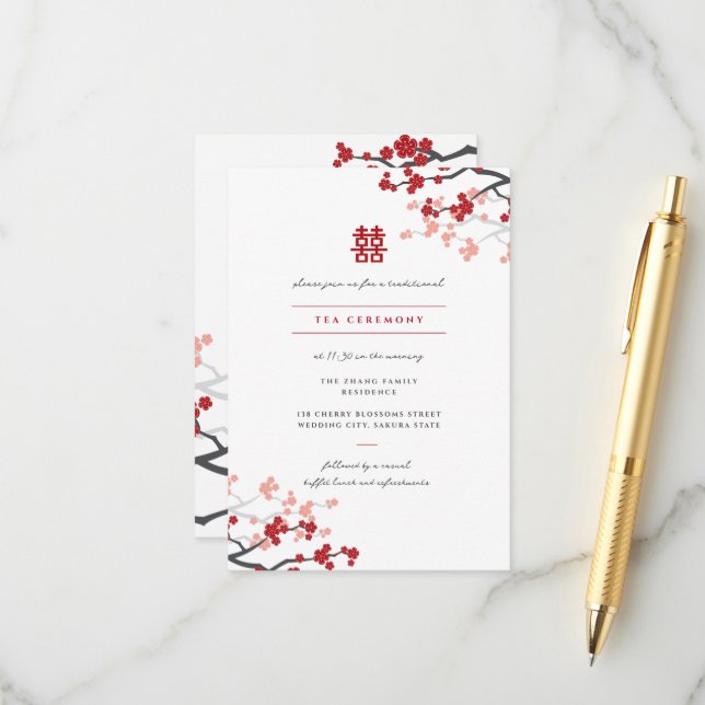 Carte D'accompagnement Cherry Blossoms & Double Bonheur Mariage chinois (Devant/Arrière en situation)