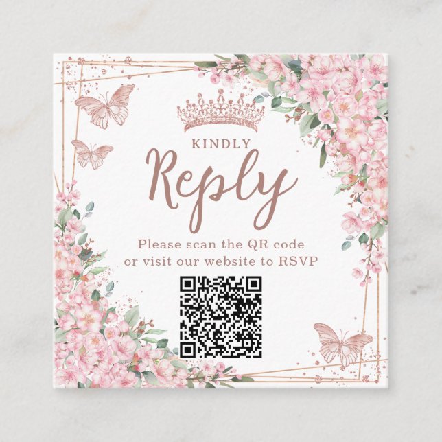Carte D'accompagnement Cherry Blossoms Rose Gold Quinceanera QR Code (Devant)