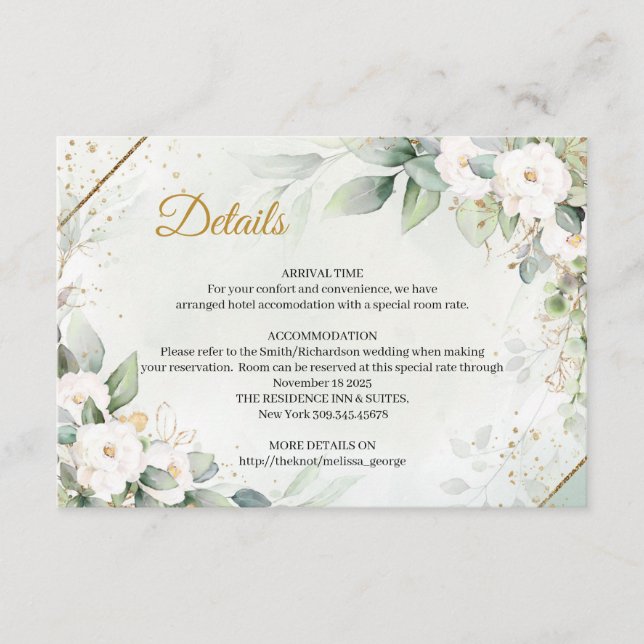Carte D'accompagnement Chic aquarelle fleurs blanches eucalyptus or (Devant)