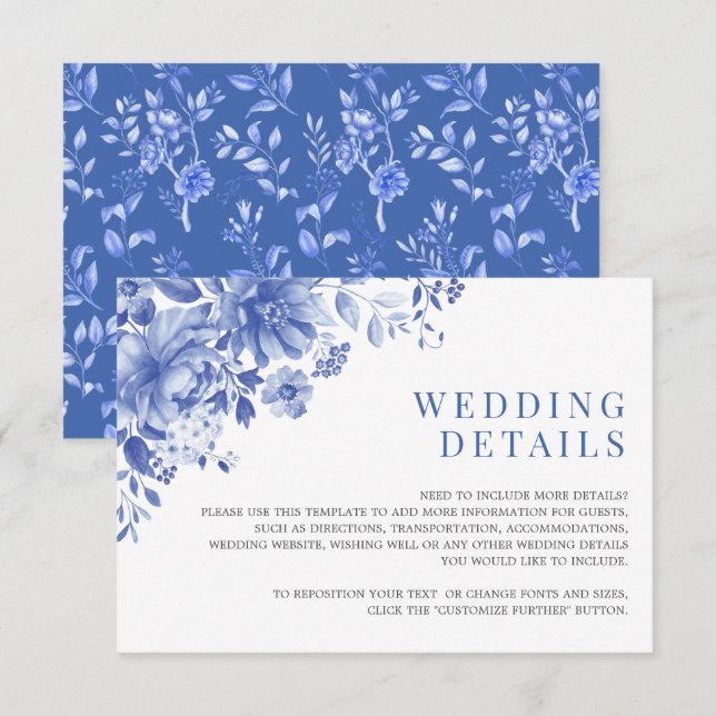 Carte D'accompagnement Chic Blue White Chinoiserie Garden Détails de mari (Devant / Derrière)