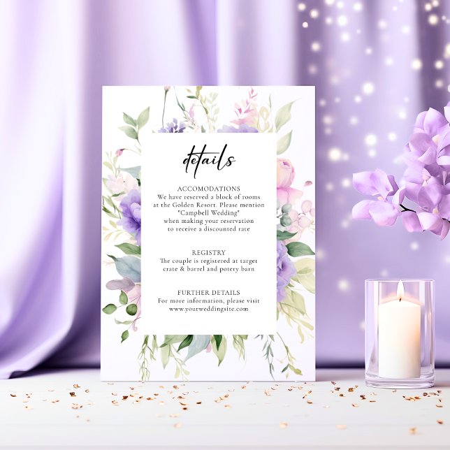 Carte D'accompagnement Chic Blush Pink Lavender Peonies DÉTAILS Mariage (Chic Blush Pink Lavender Peonies DETAILS Wedding Enclosure Card)