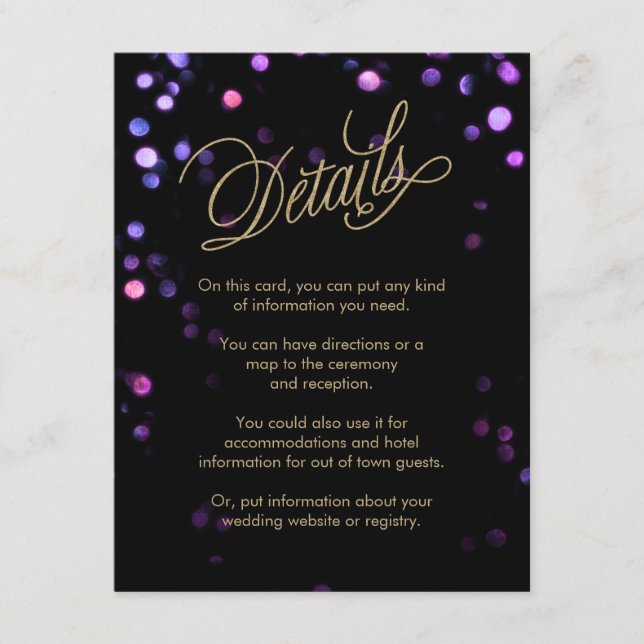 Carte D'accompagnement Chic Bokeh Lights Mariage noir & or (Devant)