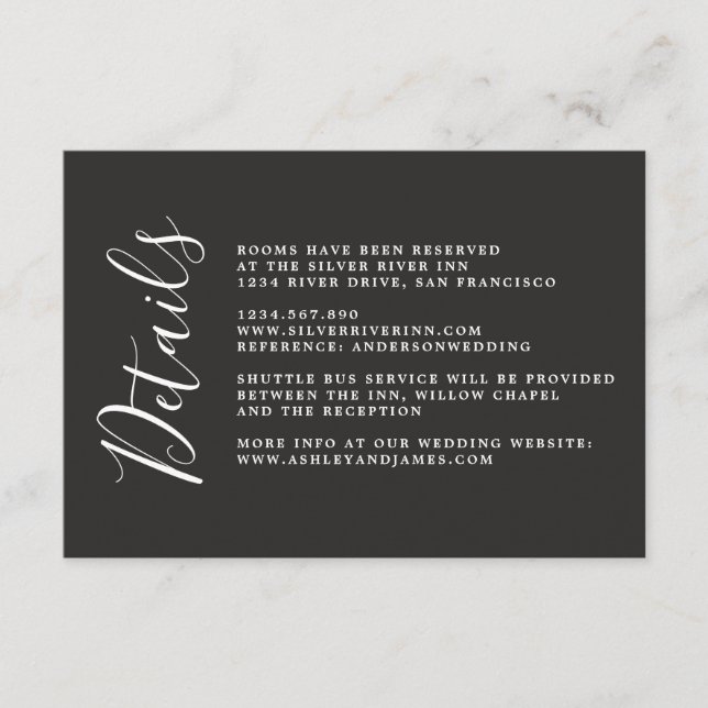Carte D'accompagnement Chic Calligraphie noir Détails du Mariage (Devant)