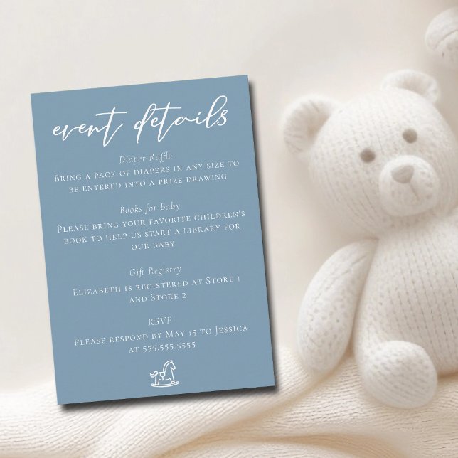 Carte D'accompagnement Chic Dusty Blue Baby Shower Event Details (Créateur téléchargé)