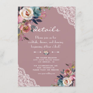 Carte D'accompagnement Chic Dusty Blue Dusty Rose Fleurs Détails Mariage