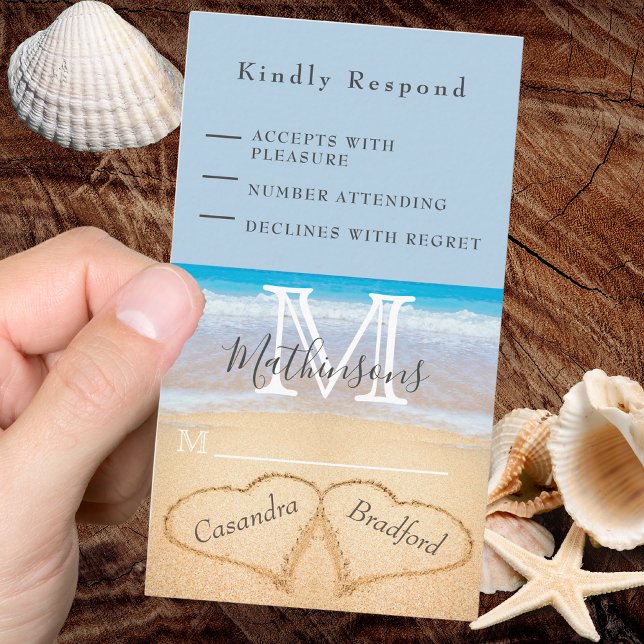 Carte D'accompagnement Chic Dusty Blue Hearts Sand RSVP Beach Wedding (Créateur téléchargé)