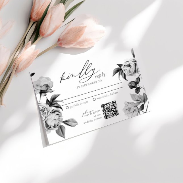 Carte D'accompagnement Chic Fleurs Mariage Noir & Blanc RSVP (Créateur téléchargé)