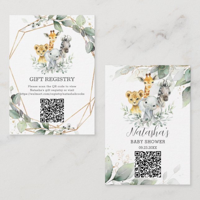 Carte D'accompagnement Chic Green Jungle Animaux Baby Cadeau Registre QR (Devant / Derrière)