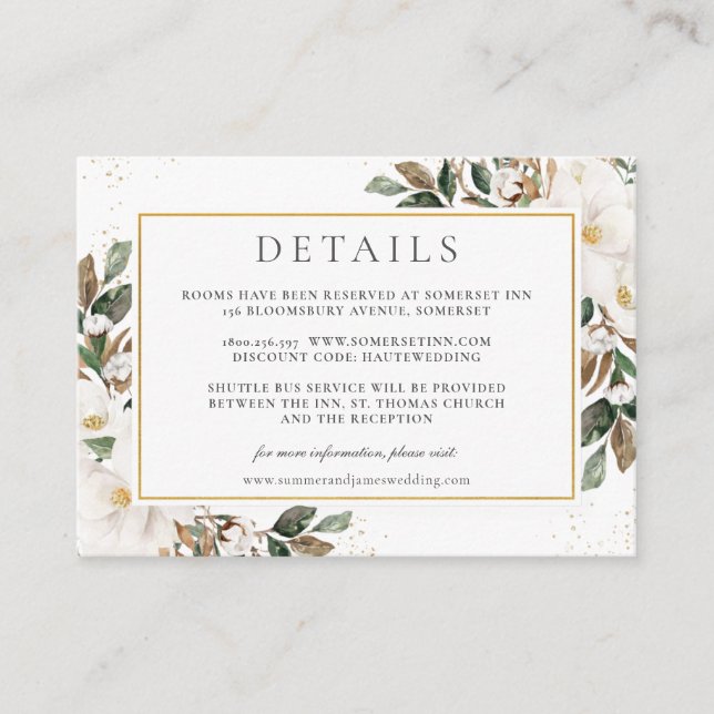 Carte D'accompagnement Chic Magnolia Floral Greenery Détails du Mariage (Devant)