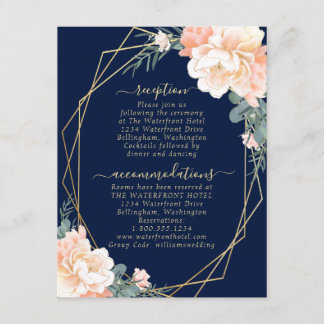 Carte D'accompagnement Chic Navy Blue Peach Floral Gold Détails du Mariag