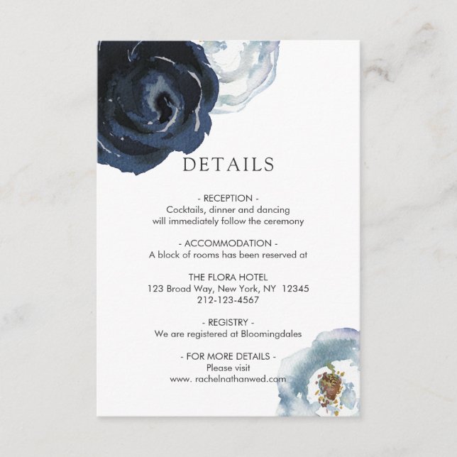Carte D'accompagnement Chic Navy Blue Peony Floral Détails du Mariage (Devant)