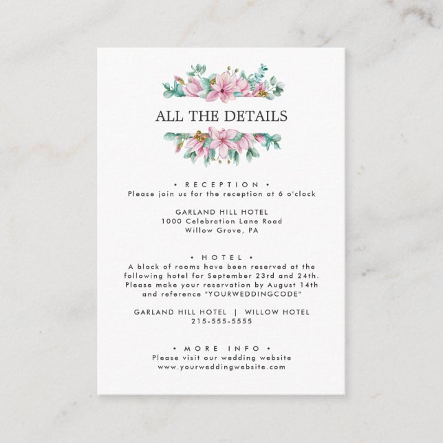 Carte D'accompagnement Chic Pink Magnolia Détails du Mariage Instructions (Devant)