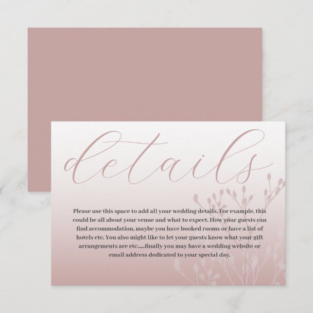 Carte D'accompagnement Chic Rose Gold & Calligraphie Détails du Mariage (Devant / Derrière)