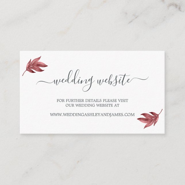 Carte D'accompagnement Chic Script Burgundy Leaf Mariage Website (Devant)