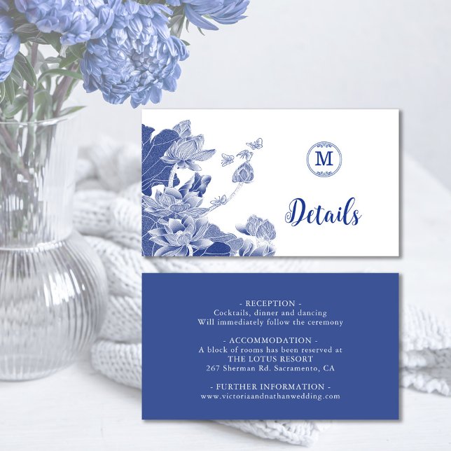 Carte D'accompagnement Chinoiserie bleue et blanche Détails du Mariage Fl (Créateur téléchargé)