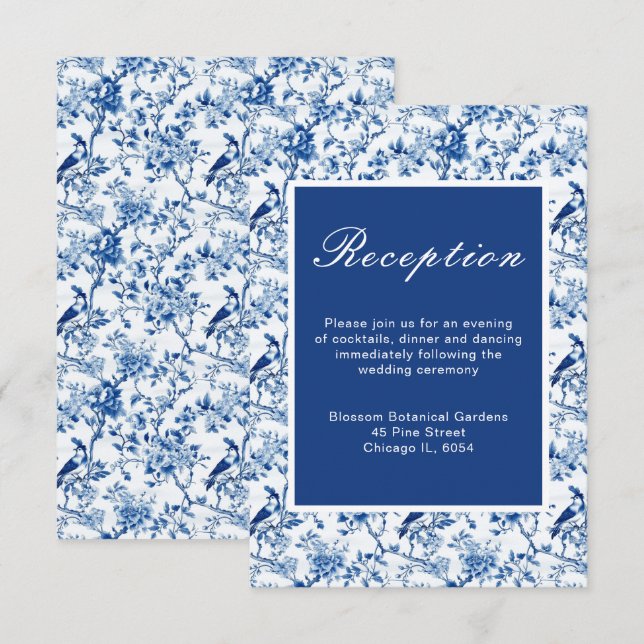 Carte D'accompagnement Chinoiserie Blue Birds and Flowers Mariage (Devant / Derrière)
