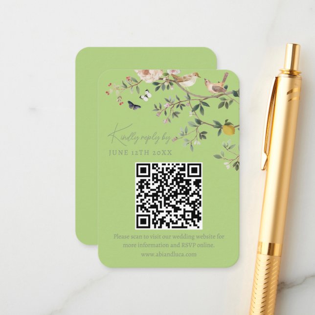 Carte D'accompagnement Chinoiserie Wedding Website RSVP QR Code  (Devant/Arrière en situation)