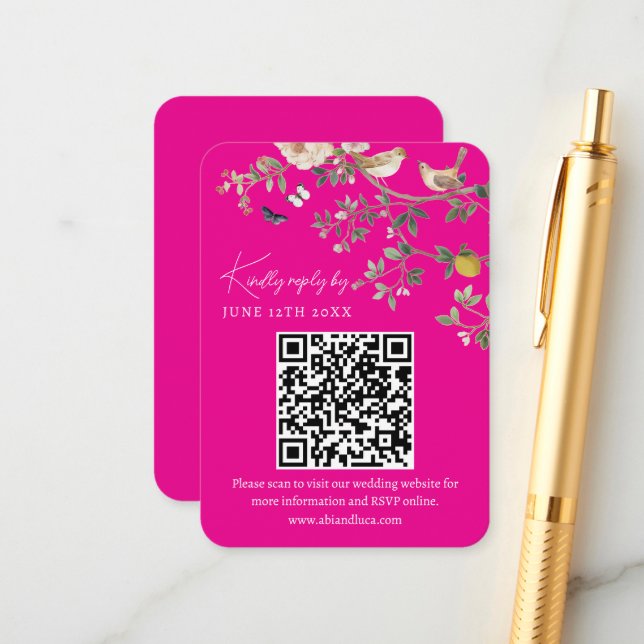 Carte D'accompagnement Chinoiserie Wedding Website RSVP QR Code  (Devant/Arrière en situation)