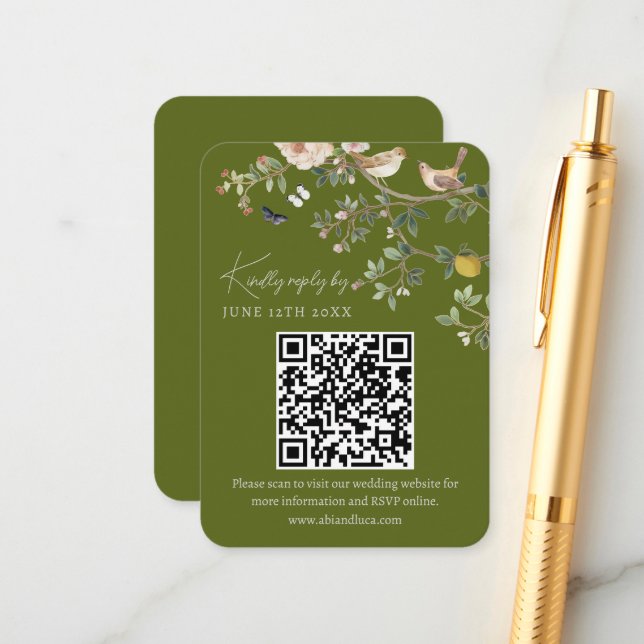 Carte D'accompagnement Chinoiserie Wedding Website RSVP QR Code  (Devant/Arrière en situation)