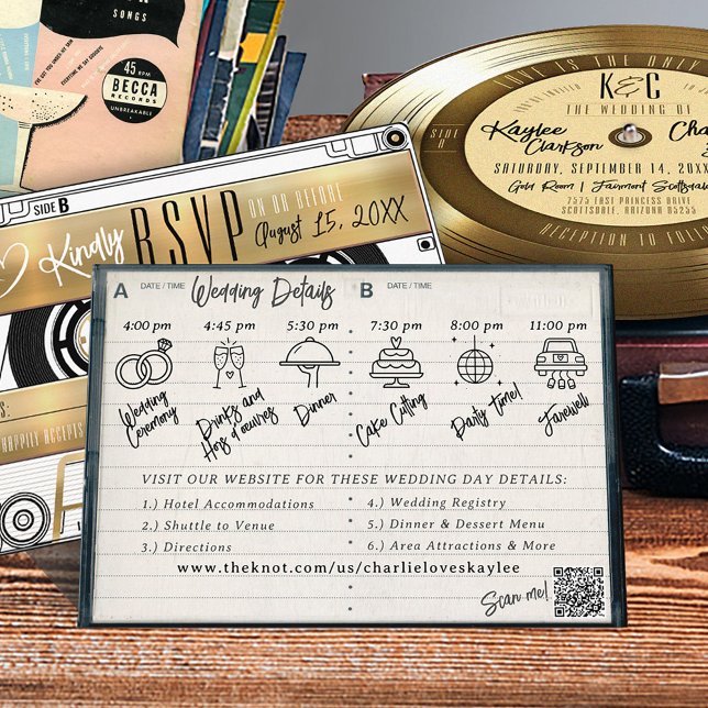 Carte D'accompagnement Chronologie du Coque de bande Retro Cassette - Dét (Retro Gold Vinyl Record Cassette Tape Case Wedding Invitation Details card, timeline infographic)