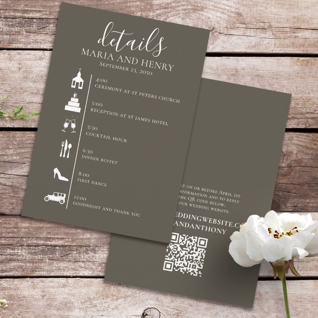 Carte D'accompagnement Chronologie mariage Gris Brown Détails QR Code RSV (Créateur téléchargé)