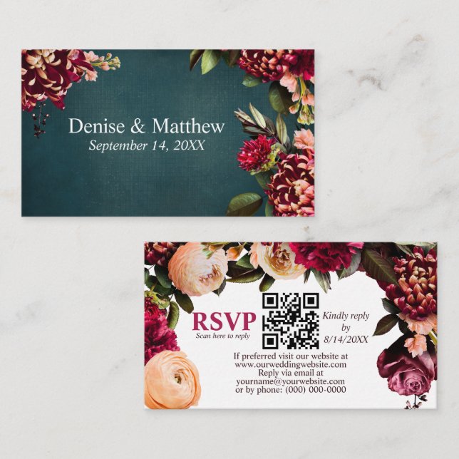 Carte D'accompagnement Chrysanthème romantique Turquoise RSVP QR Code (Devant / Derrière)