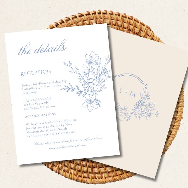Carte D'accompagnement Cimier monogramme bleu Détails du Mariage floral (Créateur téléchargé)