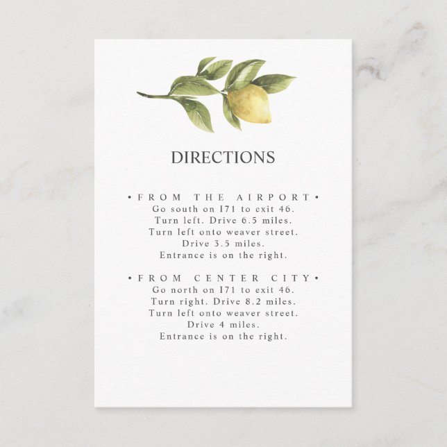 Carte D'accompagnement Citrons et feuilles | Itinéraire MARIAGE rustique  (Devant)