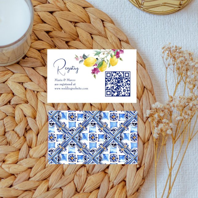 Carte D'accompagnement citrons italiens bougainvilliers citrons registre  (Vintage Italian maiolica blue tiles lemons bougainvillea citrus qr gift registry enclosure card)