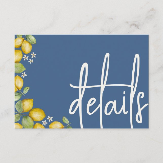 Carte D'accompagnement Citrons modernes jaune & bleu Détails du Mariage (Devant)