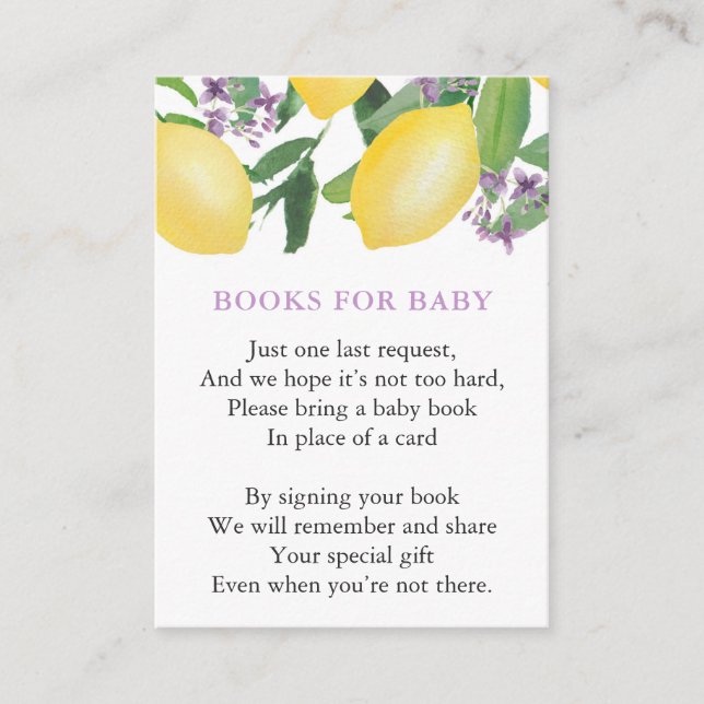 Carte D'accompagnement Citrons Violets Fille Nouveau-Née Apportez un Livr (Devant)